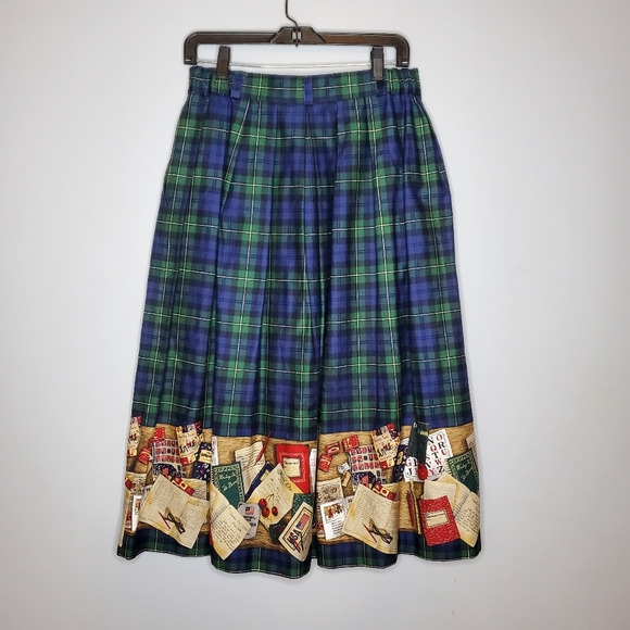 Vintage Sharon Young plaid pleated novelty printed midi skirt academia tartan - Picture 7 of 10